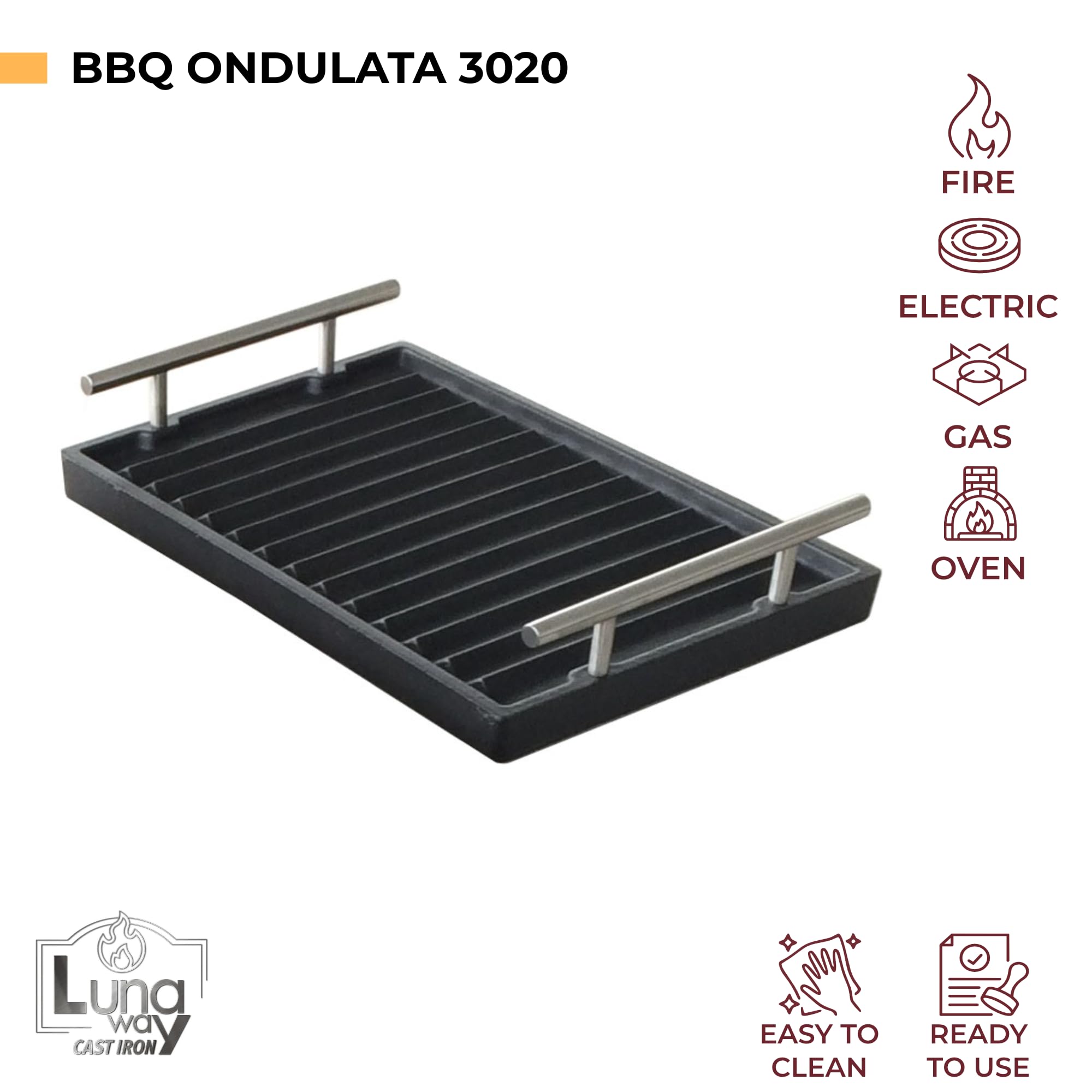 Parrilla de hierro fundido doble esmaltado | Uso sobre fuego abierto y cocinas | Cocina sana | Varios tamaños (30 x 20 cm + base de madera)