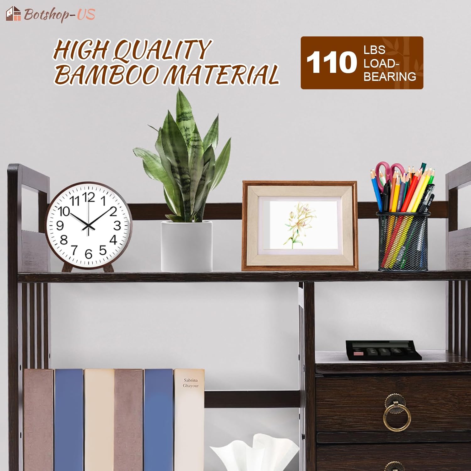 Gdrasuya10 Desktop Bookshelf with 3 Drawers 2 Tier Bamboo Office Desk Shelves Tabletop Book Storage Display Container Countertop Accessories Rack Bookcase for Office Home (Nut-Brown)