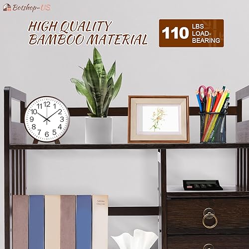Miniatura 6 de Gdrasuya10 Estantería de escritorio con 3 cajones de bambú de 2 niveles, estantes de escritorio de oficina de escritorio, contenedor de