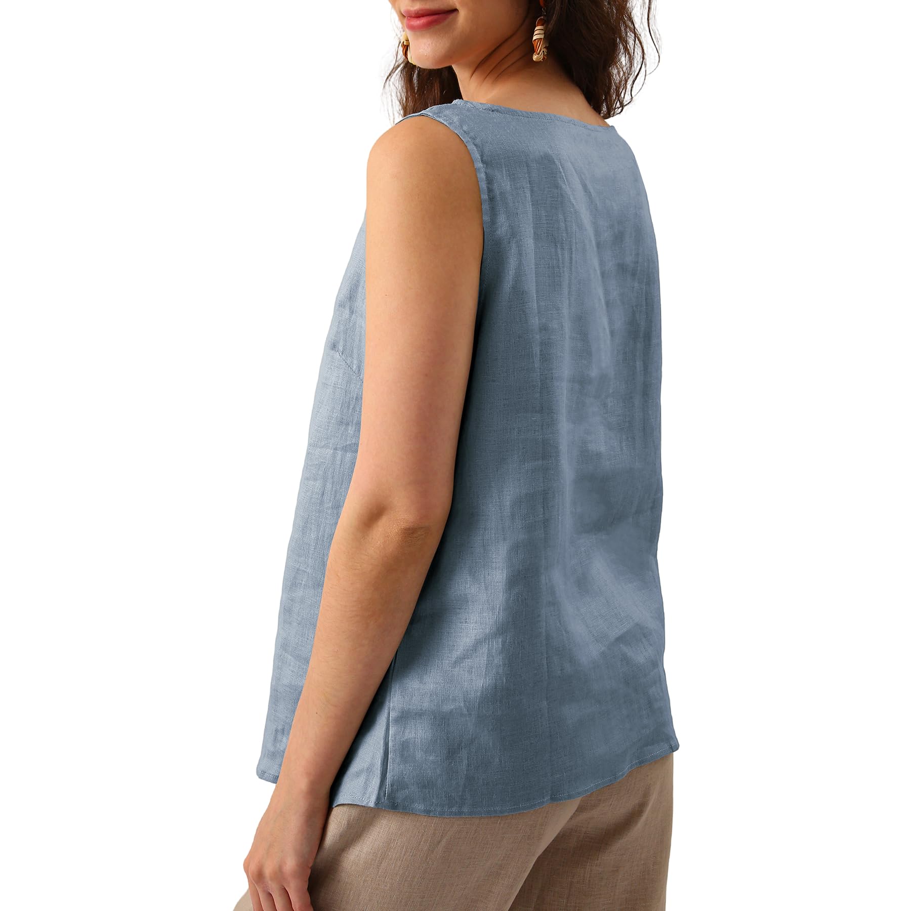 Amazhiyu Camiseta de lino para mujer, camiseta de tirantes de verano, sin mangas, cuello redondo, blusa holgada, blusa holgada