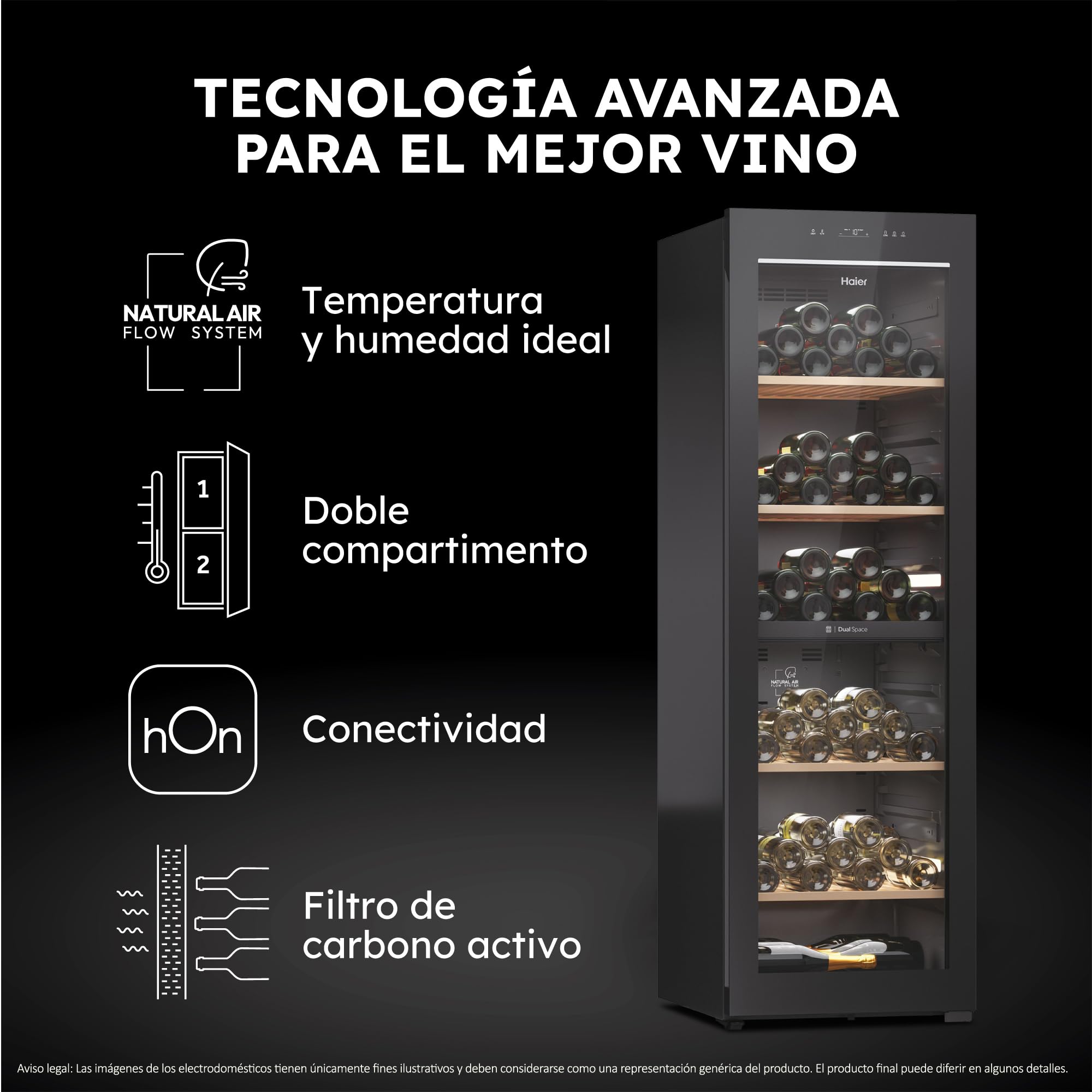Haier Wine Bank 60 Series 7 HWS236GDEH1- Vinoteca 236 botellas, WIFI, 2 Zonas independientes, Estantes de madera, Filtro Anti-UV, Filtro de carbón, Display Digital, Iluminación LED 3D, 35 dbA, Negra — view 3