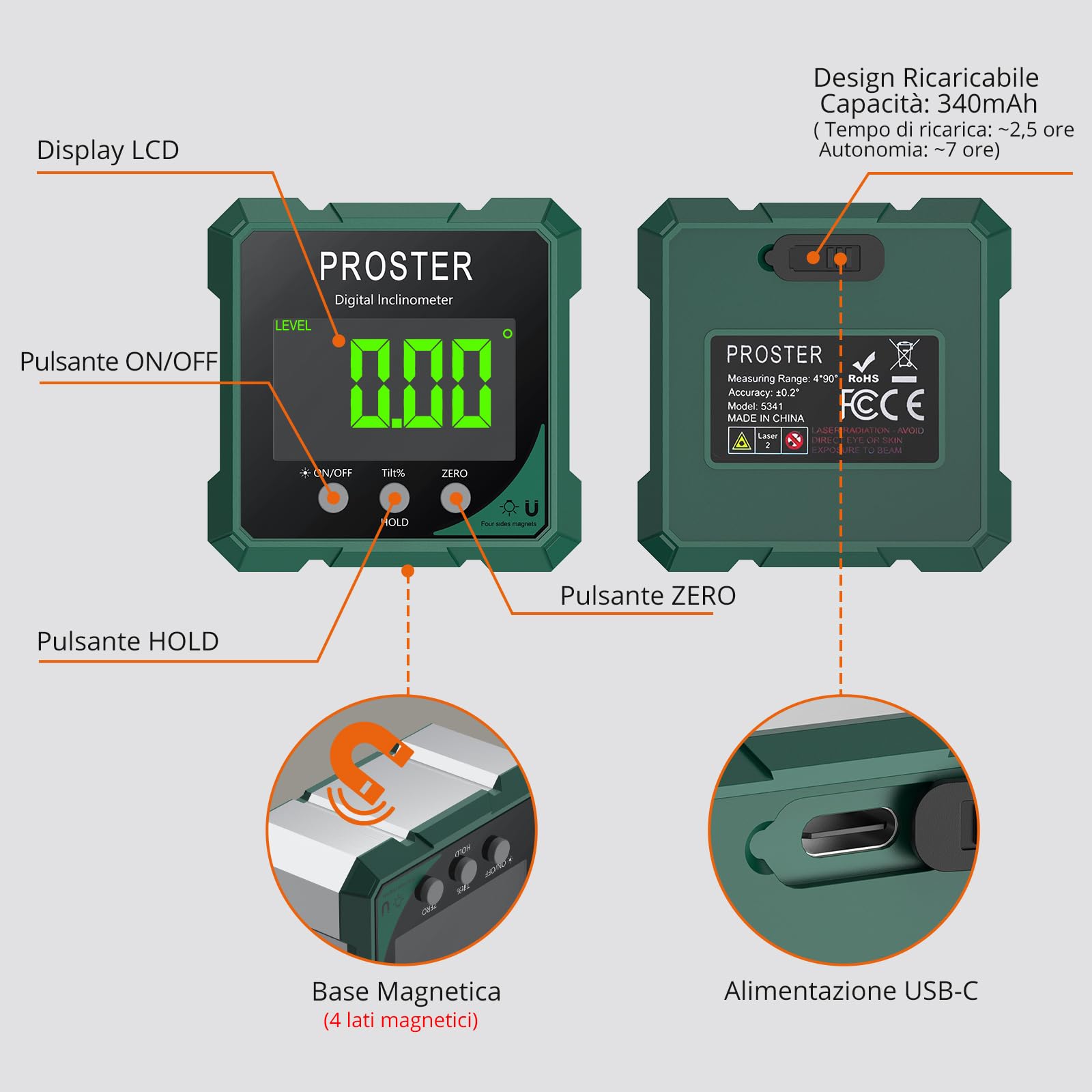 Proster Livella Digitale Ricaricabile con Laser Verde Misuratore Angolare Magnetico 4 Lati Display LCD VA Impermeabile IP54 per Carpenteria Falegnameria e Costruzione Funzione Zero e Lettura Ribaltata