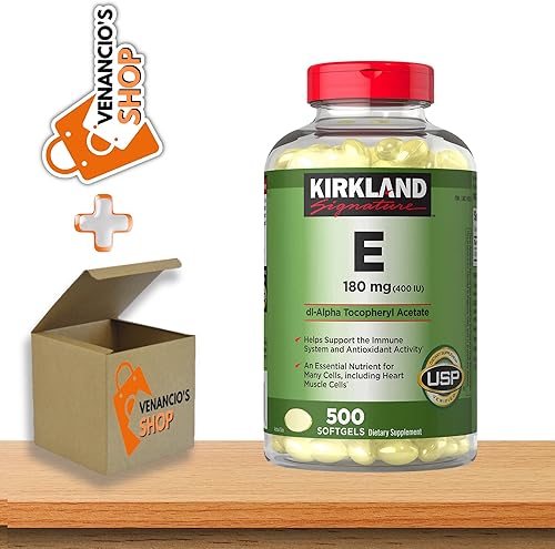 Kirkland Vitamina E 400 UI cápsulas blandas 500 unidades, VIT E 180mg para mujeres y hombres + incluye adhesivo Venancio'sBox (paquete de 1)