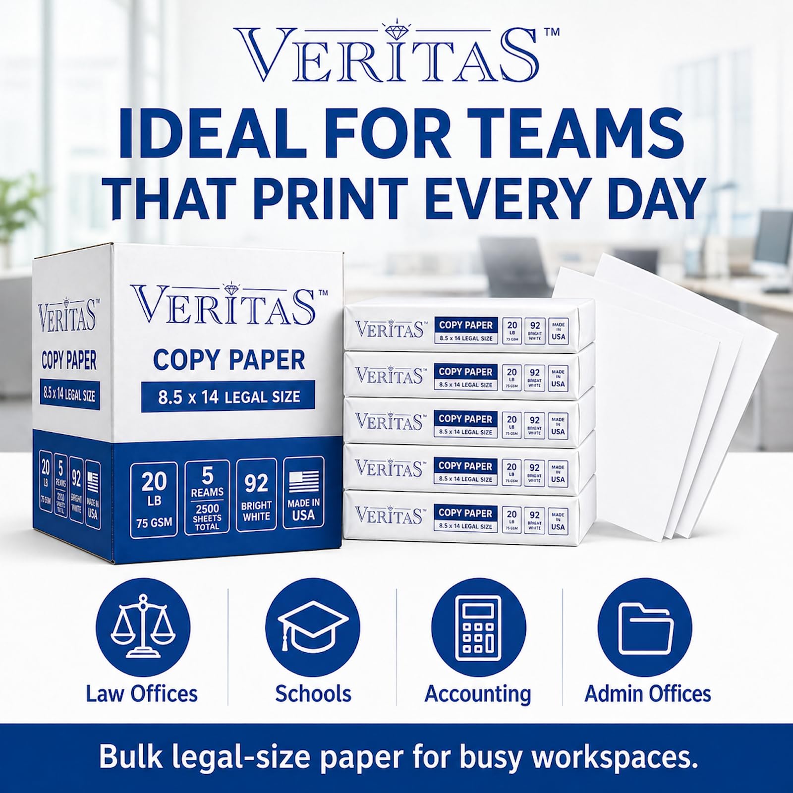 Veritas Kopierpapier, 8,5 x 14 cm, legale Größe, 5 Ries, 2500 Blatt insgesamt, 92 kg / 75 g/m², 92 hellweißes Mehrzweck-Druckerpapier für Büro, Geschäft, juristische Dokumente, Laser und Tintenstrahl