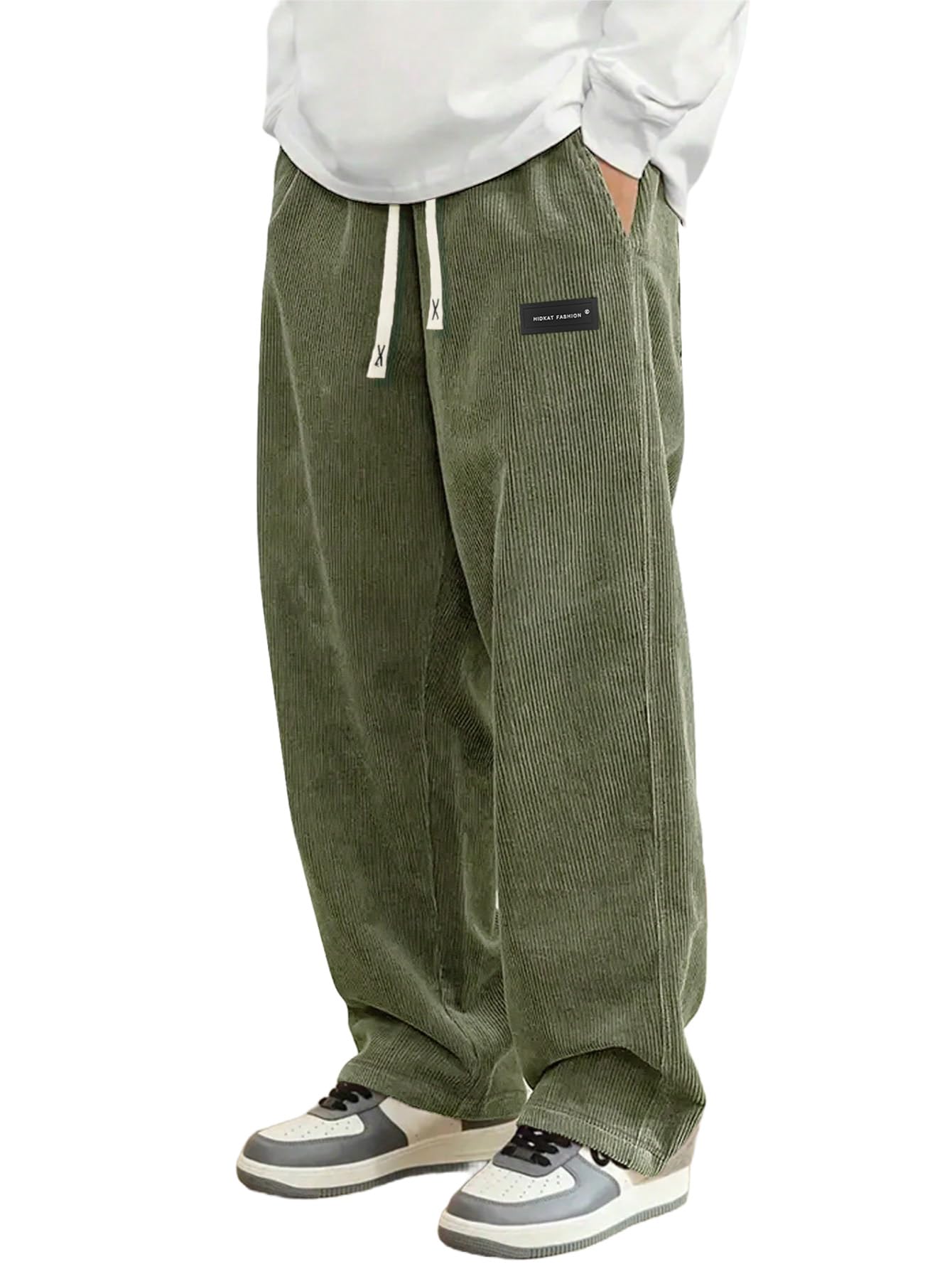 Hidkat Mens Corduroy Casual Pants Fashion Loose Fit Wide Leg Pants Straight Sweatpants Elastic Waist Drawstring