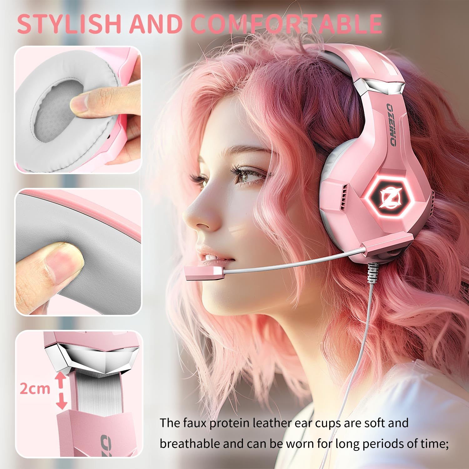 Ozeino Gaming Headset with Microphone for PS5/PS4/Xbox One/PC/Switch, Gaming Headphones with 3D Surround Sound & Noise Cancellation Pink - Image 2