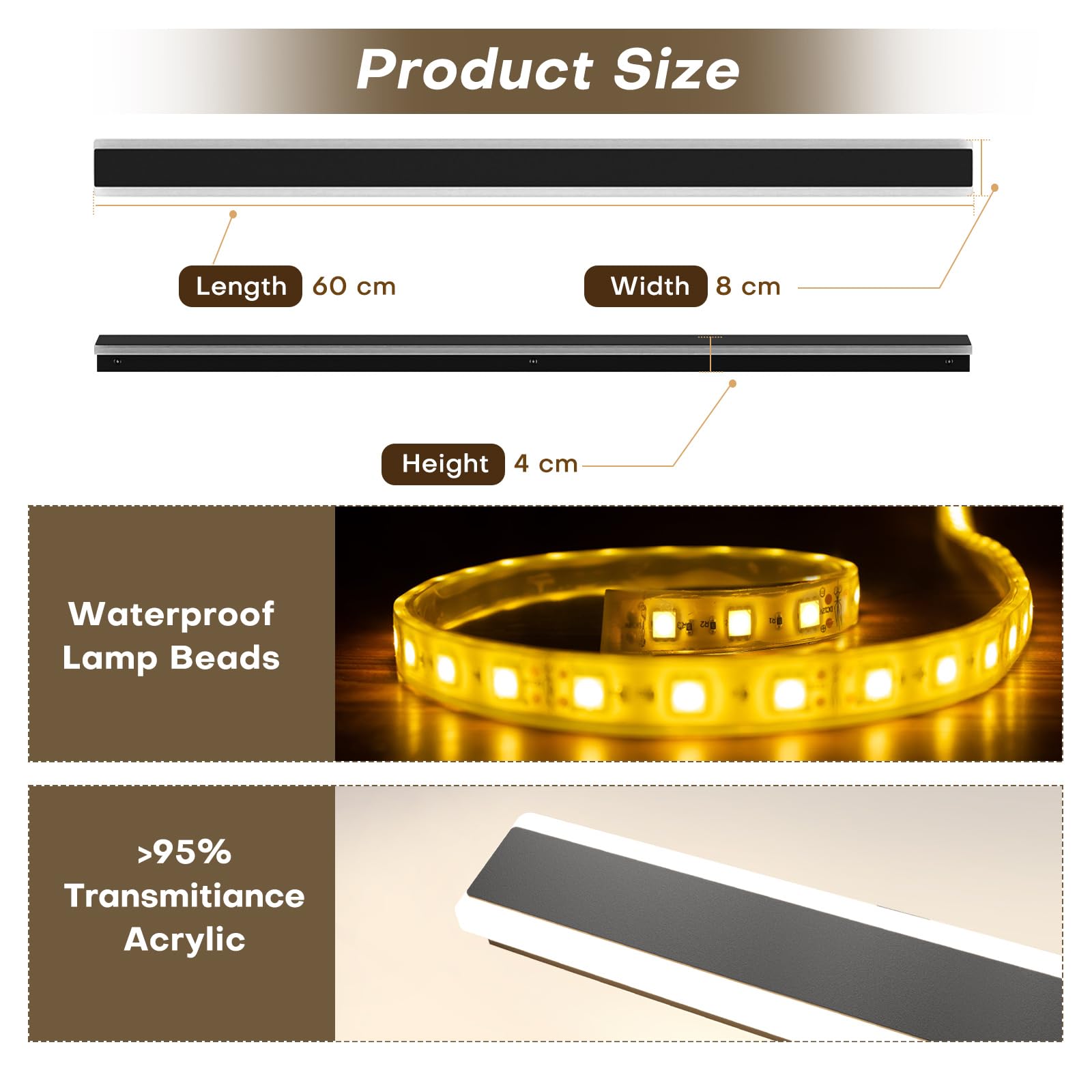 AOOTUYA 60cm Outdoor LED Wall Lights Black, 28W 3000k Warm White Light IP65 Waterproof Outside Porch Wall Lights - Image 3