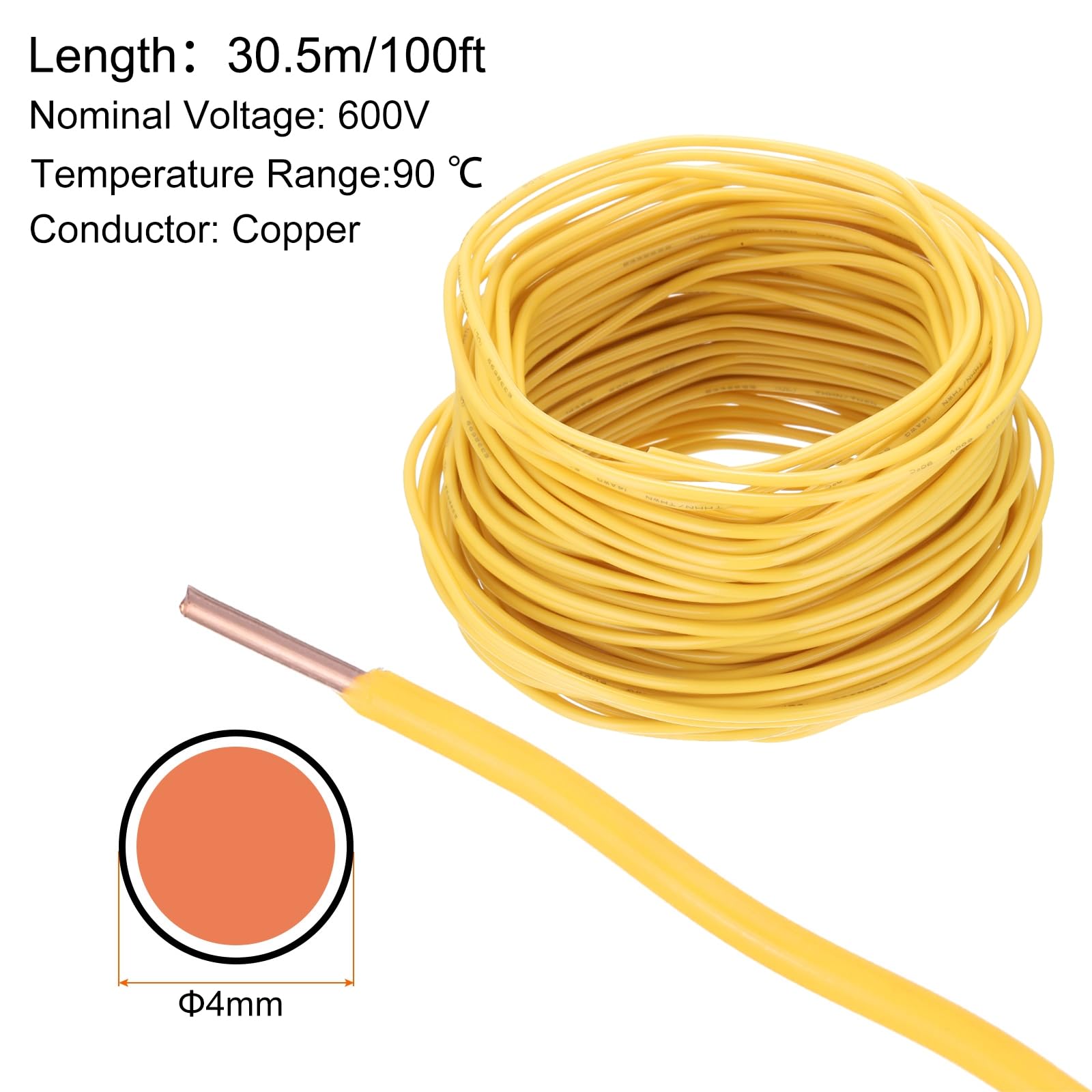 QUARKZMAN 100 Fuß Elektrischer Draht Isoliert Massivkupfer 14AWG Anschlusskabel THHN Draht Wohnbereich Industrie Erdung Elektrisch Bewertet Für 600 Volt UL Geprüft Gelb