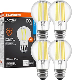 Sylvania LED TruWave Natural Series A19 Light Bulb, 100W Equivalent, Efficient 15W, 1600 Lumens, Medium Base, Dimmable, Clear, 5000K, Daylight - 4 Pack (42273)