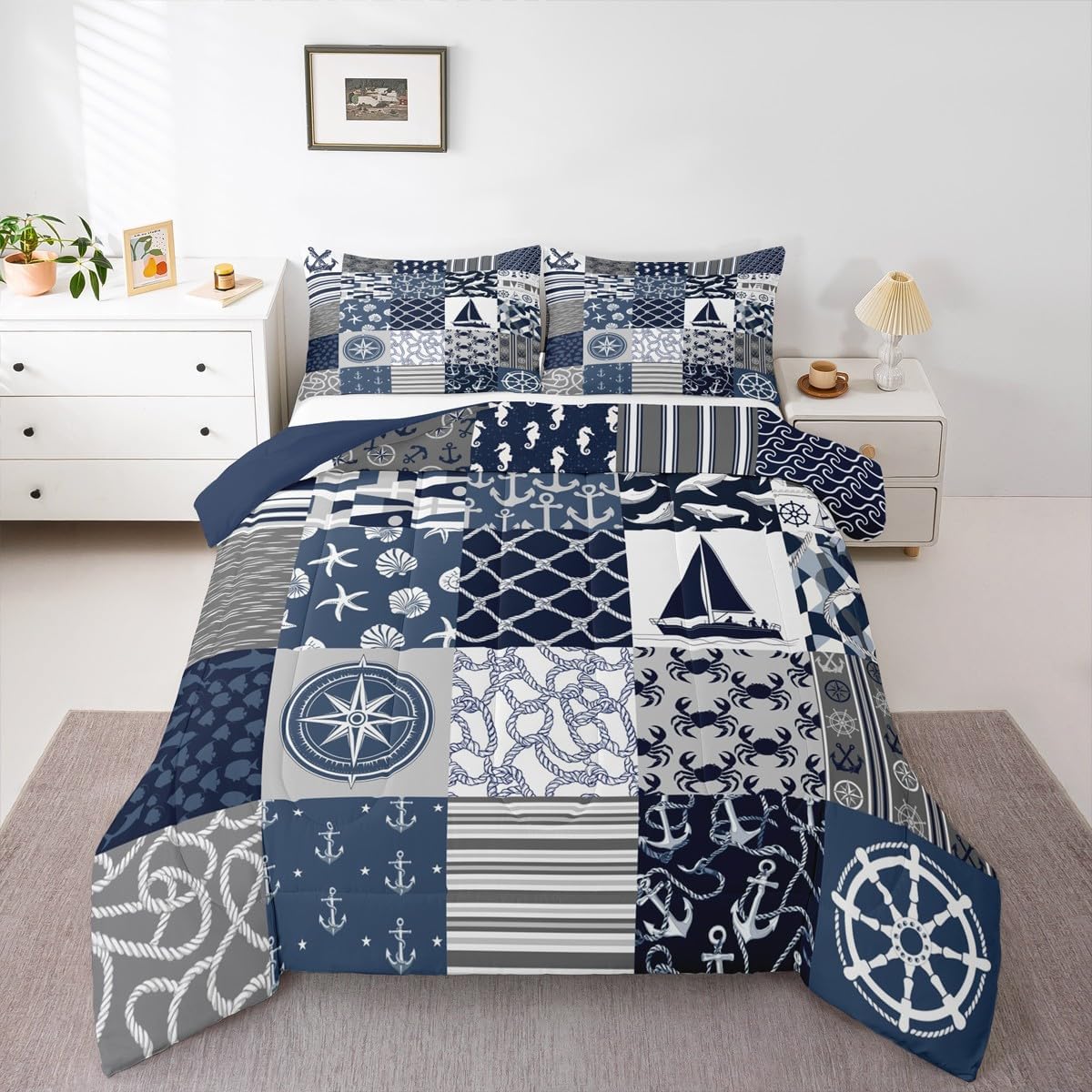 Castle Fairy Nautical Themed Checkered Bedding Comforter Twin Size Ocean Adventure Comforter Set for Kids Boys Teens,Navy Blue Rudder and Boat Anchor Quilted Duvet Patchwork Stripes Duvet Insert 2pcs
