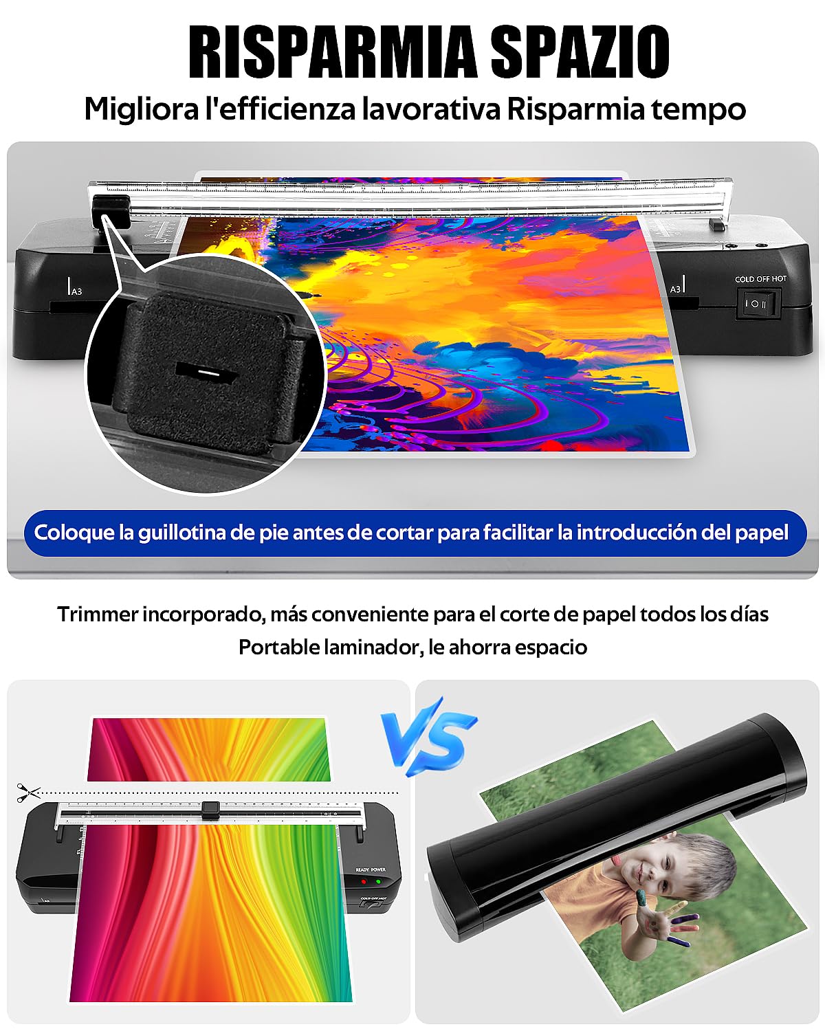 Plastificadora, plastificadora A3 de 70 segundos calentamiento rápido, Máquina de Laminadora Frío y Caliente con Cortador Integrado y 50 bolsas laminadas para uso doméstico, oficina, escuela, fotos
