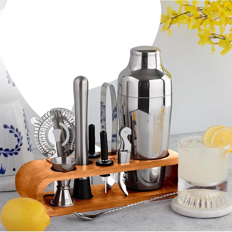 Transformacion Shaker Gümüş Kokteyl Set - 10 Parça 750 Ml Shaker Coctail Set Bambu Standlı, 722202