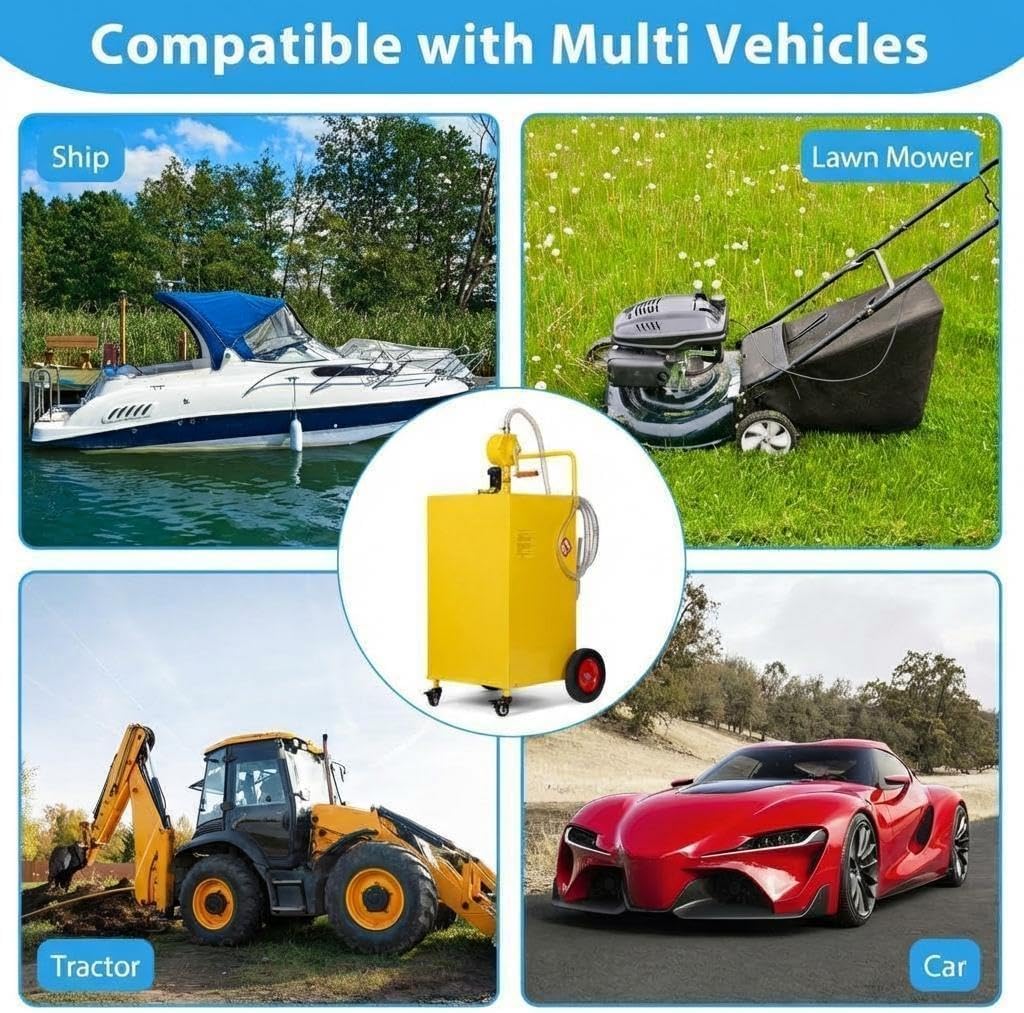 30 Gallon Portable Fuel Caddy with Manual Pump & Grounding Wire – Heavy-Duty HDPE Gas & Diesel Transfer Tank on 4 Wheels, 10ft Spill-Proof Hose, Rolling Gas Can for Boat, Truck, ATV, Farm & Generator，Yellow