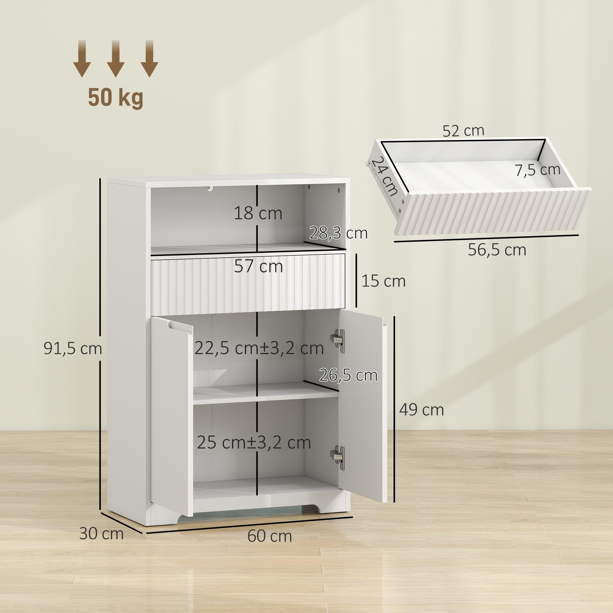 HOMCOM Armario de Baño Estrecho con Estante Ajustable 60x30x91,5 cm Blanco | Mueble de Baño, Cajón de Frontal Acanalado, Estante Abierto, 2 Puertas, Estilo Moderno