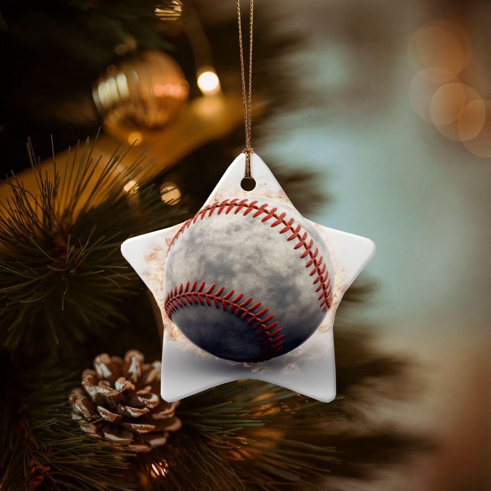 Christmas Ornaments for Christmas Tree Decoration Hanging Baseball Ornament with Gold Ribbon Crafts Star Shape Ceramic Pendant for Keepsake Gifts Xmas Decor Party Supplies