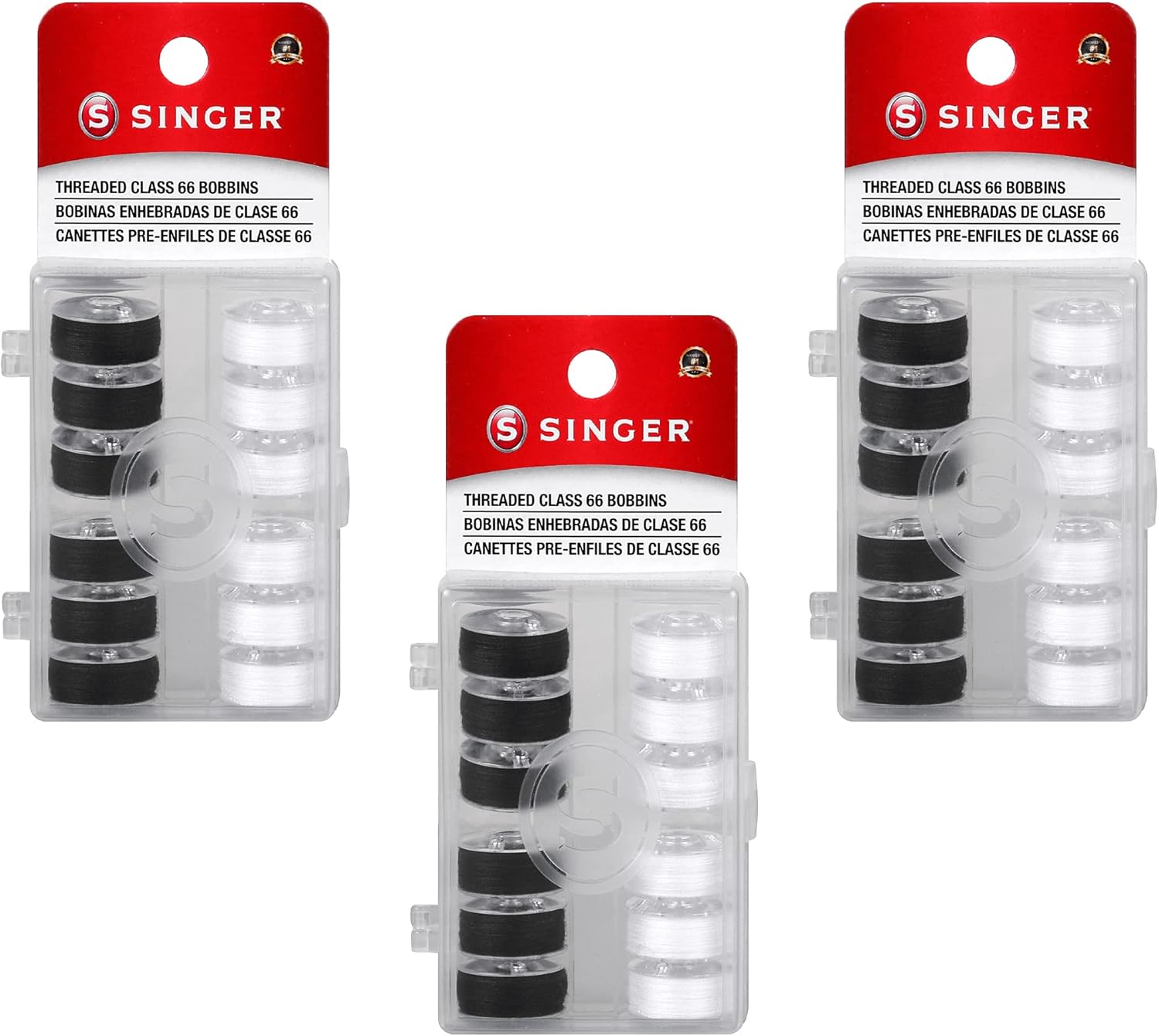 SINGER 30027 Class 66 Threaded Bobbins, Transparent, Black & White, 12-Count
