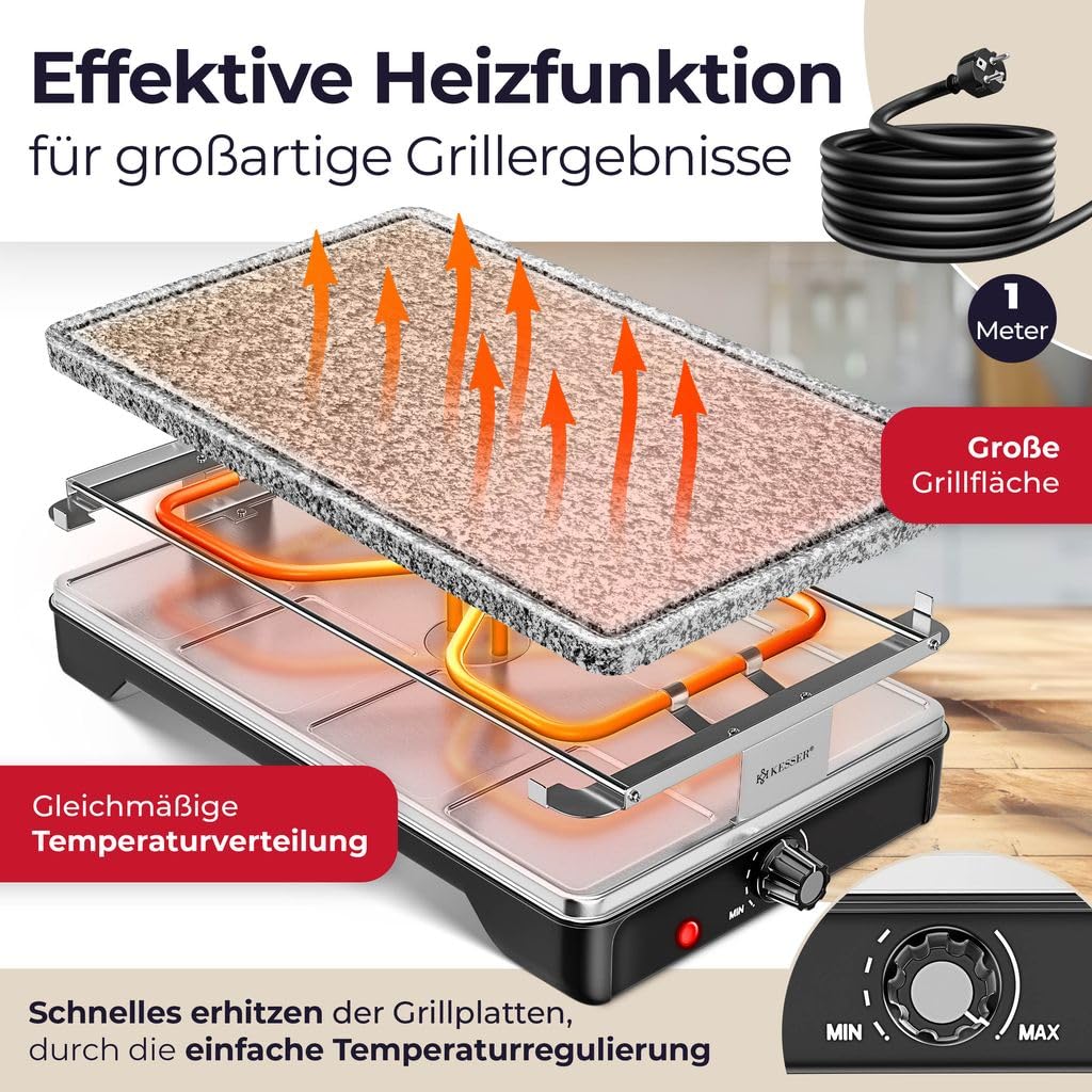 KESSER® Griglia per raclette con pietra naturale, piastra per grigliare griglia da tavolo per 8 persone, griglia elettrica per raclette con piastra antiaderente, 8 pentole e spatola, Nero