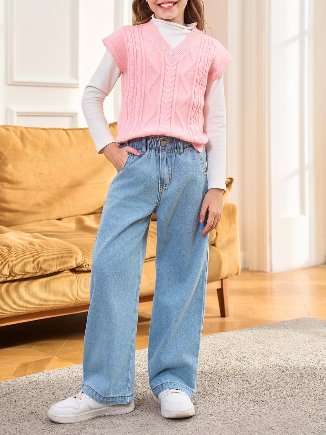 Haloumoning Girls Wide Leg Jeans Kids Elastic Waist Casual Demin Pants with Pockets 5-14 Years - Image 5