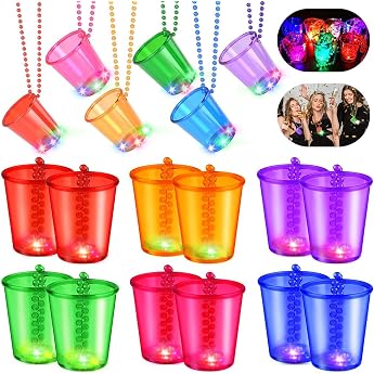 Pack of 12 LED Shot Glasses with Chain Shot Glasses for Hanging LED Colourful Luminous Party Cups with Chain Shot Glass Necklace for Carnival Bachelorette Party Bridal Decoration Neon Party