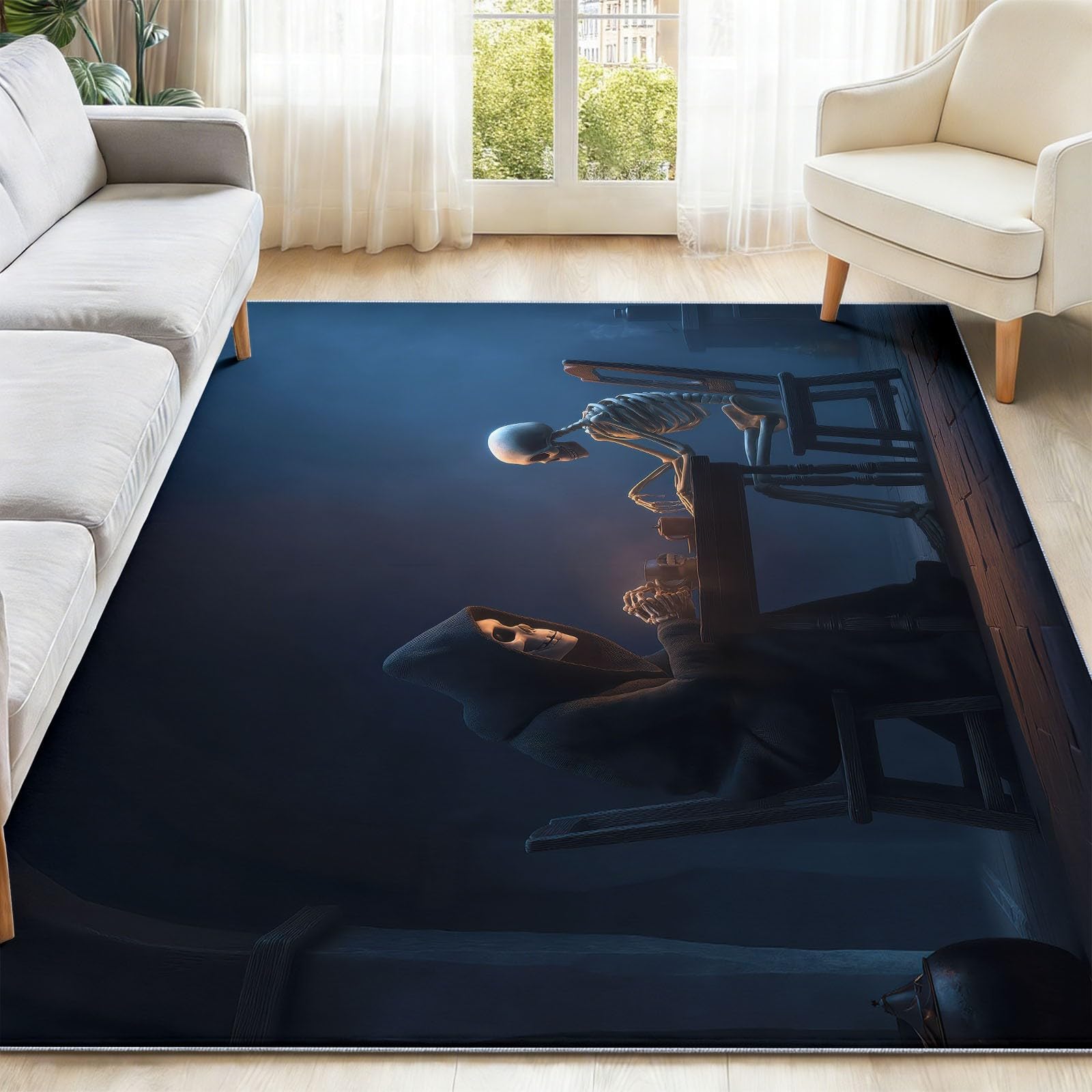 Dywan do salonu, można prać w pralce, dywan 80 x 150 cm, dywan antypoślizgowy, czarna czaszka, kinowy styl, niskie runo, nie gubi włosia, nadruk, do jadalni, domu, biura, sypialni