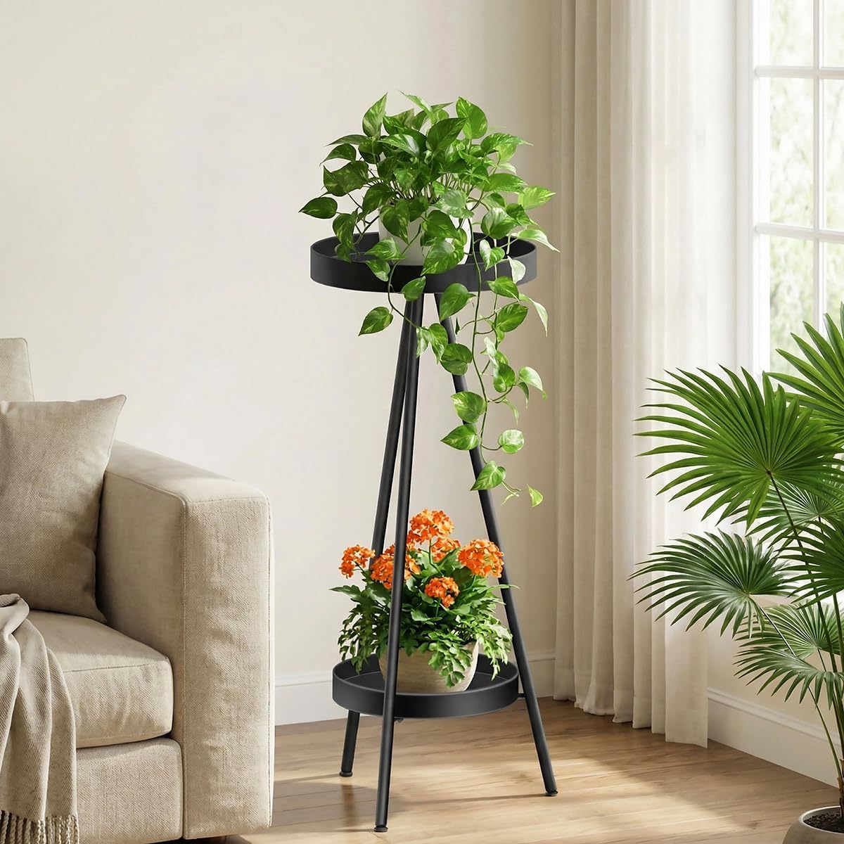 Tall Plant Stand Indoor, 2 Tier Round Potted Holder Rack, Black Modern Iron Corner Plant Stand, 31.5 Inch Heavy Duty for Small Spaces, Bedroom & Balcony