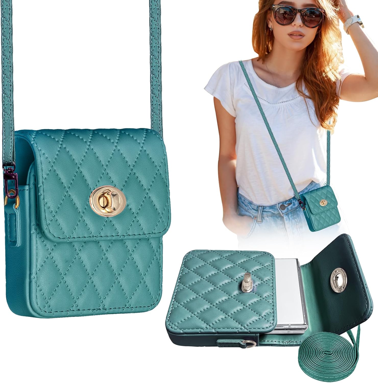 Universal Z Flip Pouch for Galaxy Z Flip5/4/3, with Crossbody Strap Lanyard PU