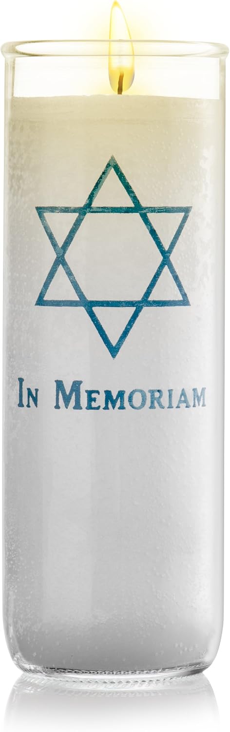 Memorial Candle Yartzeit Candle with Star of David in Glass - White Paraffin Wax Candle Burning Time 7 Days (7 Days)