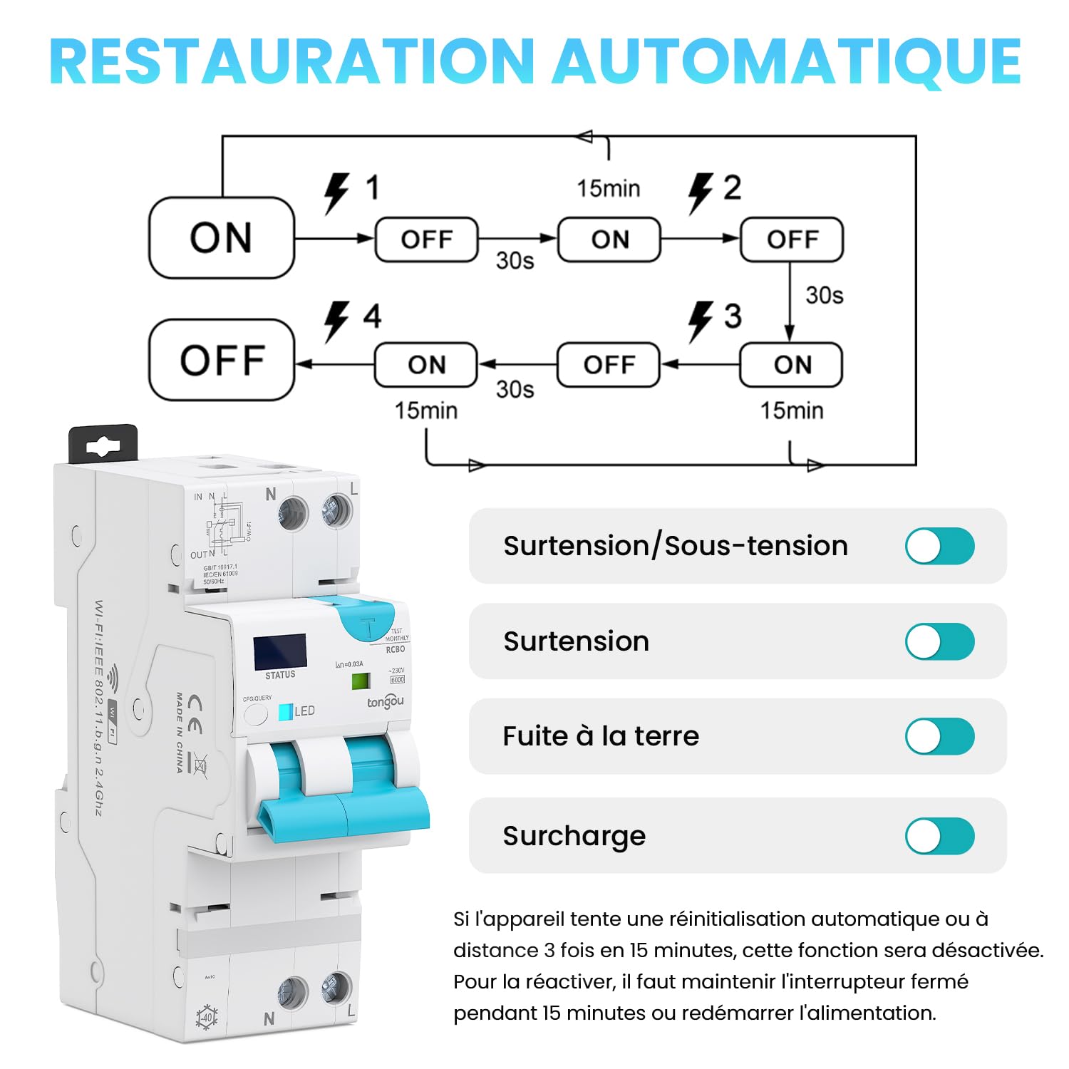 TONGOU RCBO Intelligent Interrupteur Différentiel 1P+N WIFI/TUYA App， Disjoncteur Fi Automatique Réarmable Type A 6kA, Protection contre les surintensités et fuites Rail din (1-40A / 30mA)