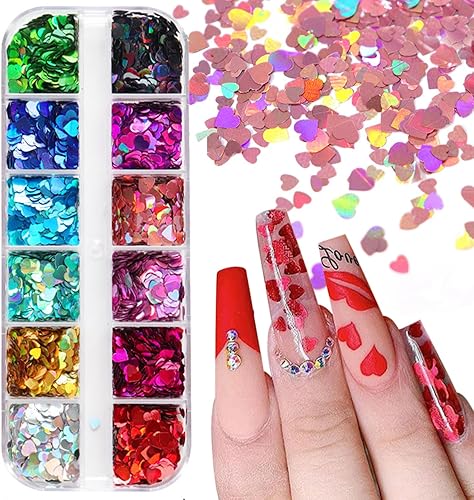 Calcomanías holográficas 3D para arte de uñas con purpurina en forma de corazón, para el Día de San Valentín, diseño de uñas con purpurina para