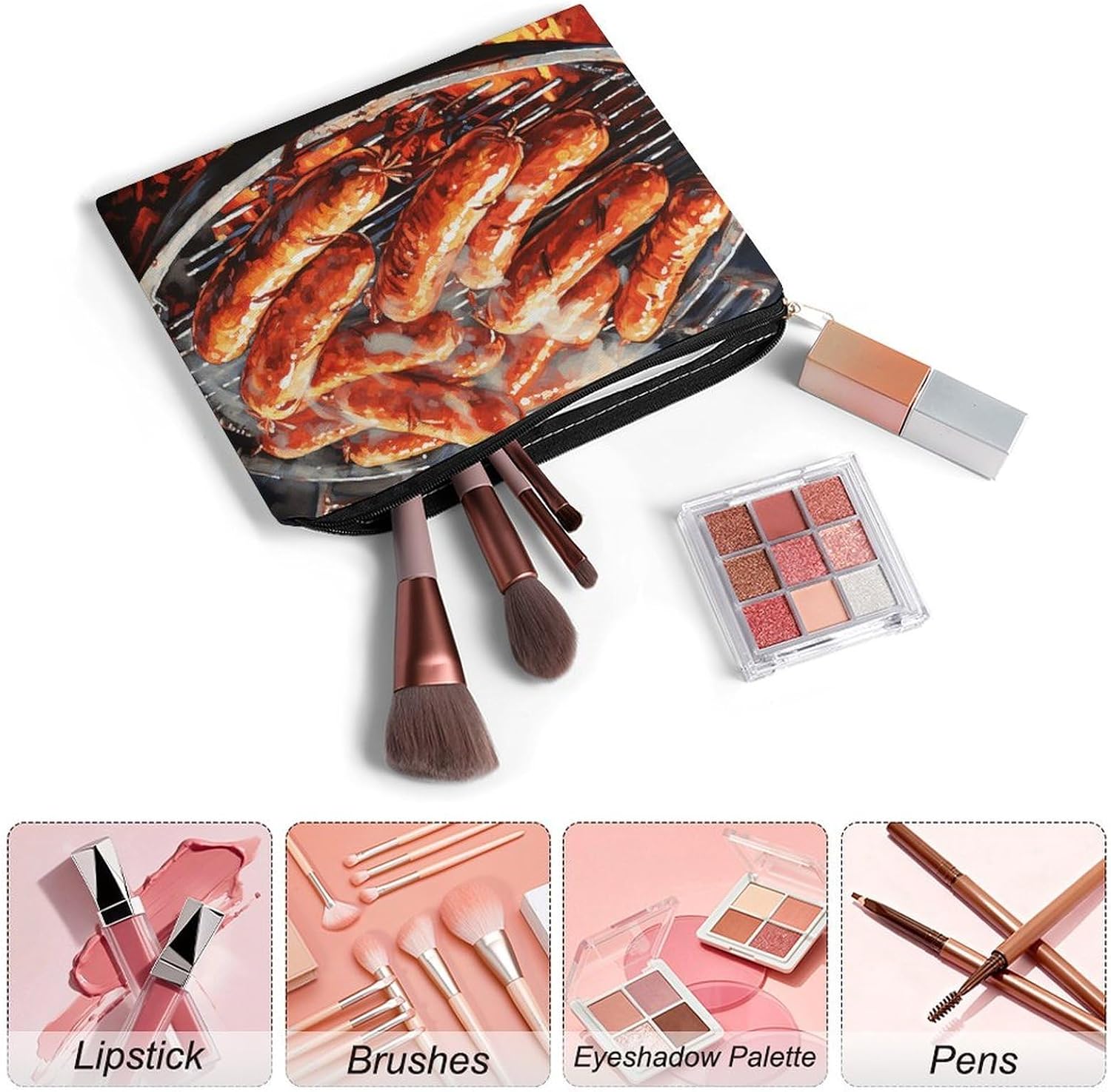 Sausage on Fire Makeup Bag for Travel, Large Capacity Toiletry Bag with Zipper, Leather Cosmetic Organizer Bag, Waterproof Cosmetic Storage Case with Hook, Makeup Case image 3