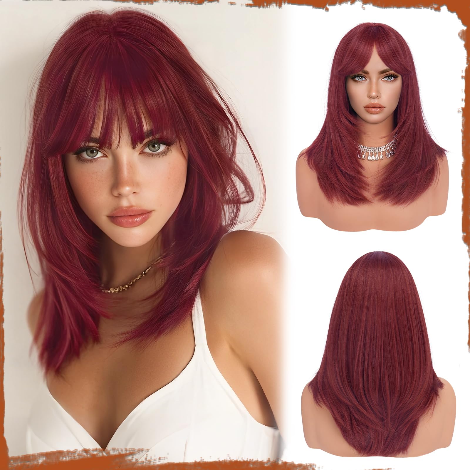 Sofeiyan Pelucas Mujer pelo Natural con Flequillo, 40 cm Burdeos Rojo Oscuro Sintético Resistente al Calor Peluca Largas Rectas,Cabello Layered para Fiestas Diarias y Cosplay