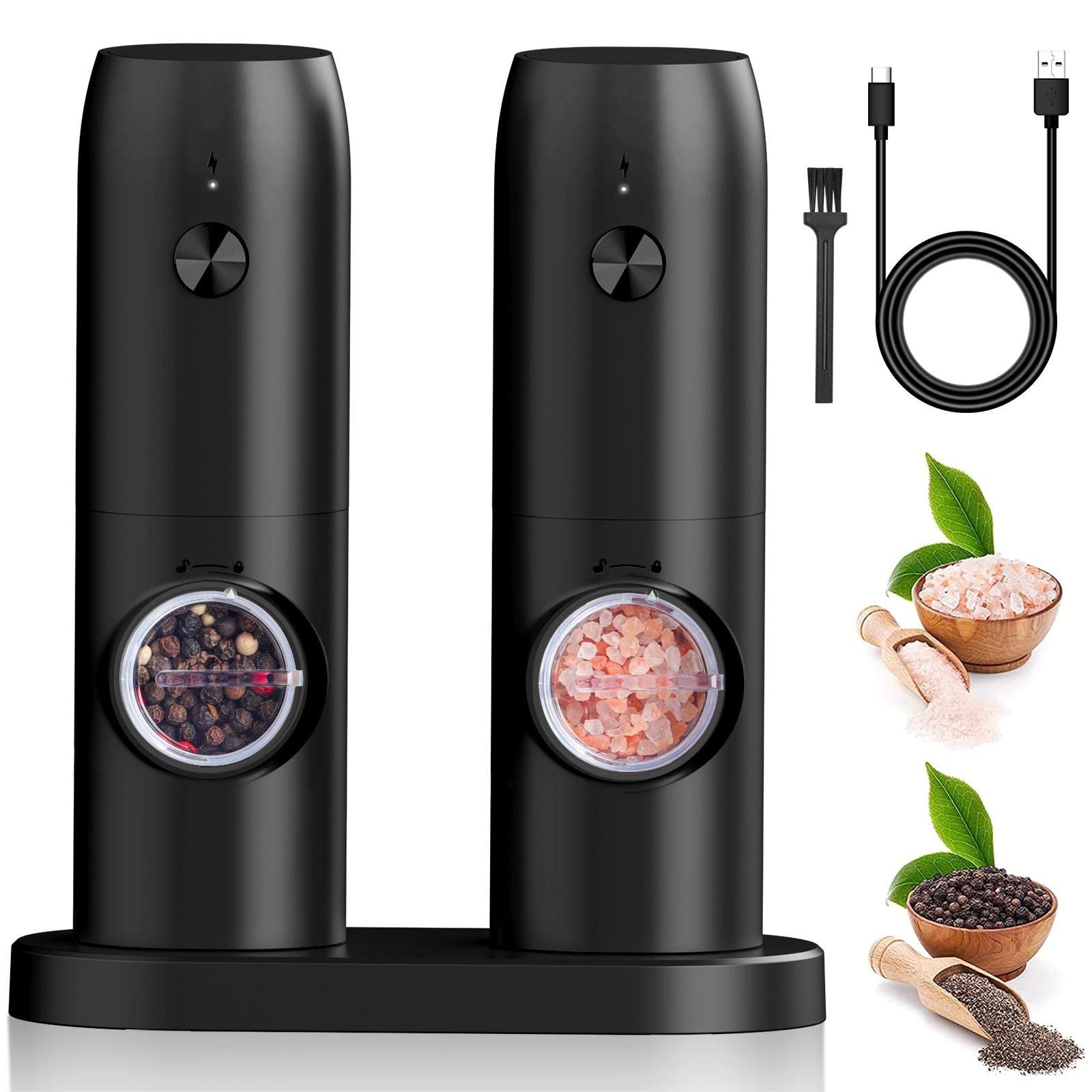 BESTOREElectric Salt and Pepper Grinder Set, 2pcs USB Rechargeable, Adjustable Coarseness, LED Light, One Hand Operation