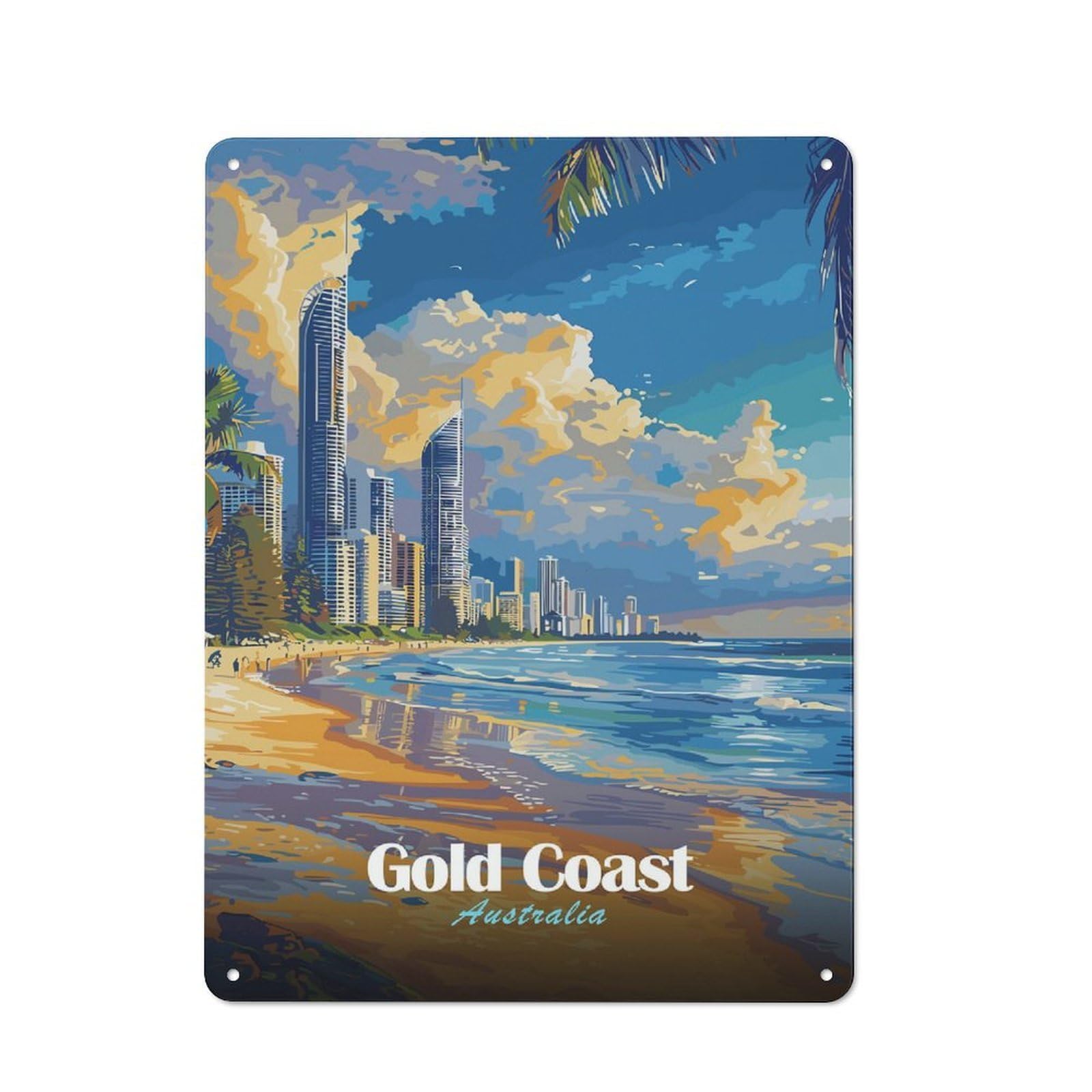 Junmoney Style-6 Metal Gift Sign With Gold Coast Australia Beach Skyline Design 40X30cm, Character Room Wall Plaque For Flat, Dorm Room, Lounge Or Cafe
