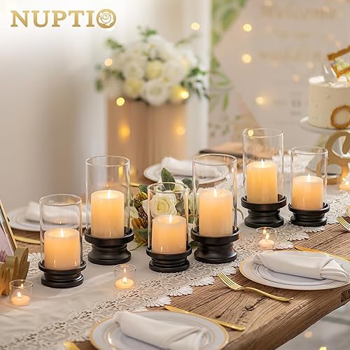 Miniatura 3 de NUPTIO Portavelas de cristal de huracán juego de 2 portavelas de pilar negro con cilindro de vidrio, portavelas de pilares de metal para Halloween,