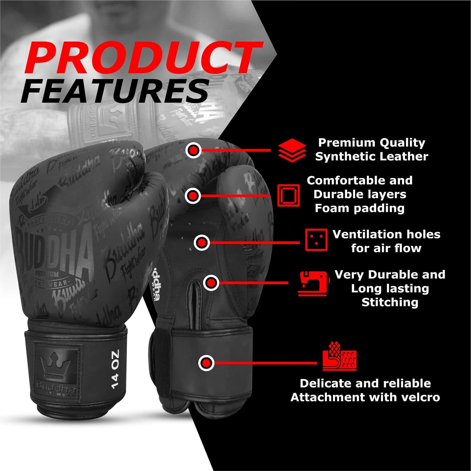 Buddha Fight Wear. Training and Fighting Gloves, Special Edition, Handmade, Boxing, Muay Thai, Kick Boxing and MMA Top Premium Matte Model