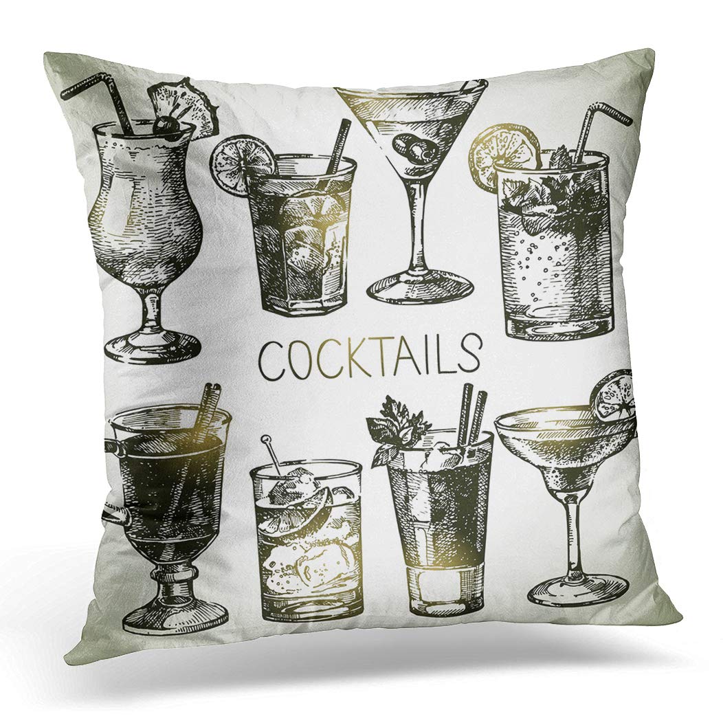 Awowee Cushion Cover 45x45cm/18x18inches Green Glass Sketch of Alcoholic Cocktails Orange Martini Margarita Home Decor Throw Pillow Cover Square Pillowcase for Bed Sofa