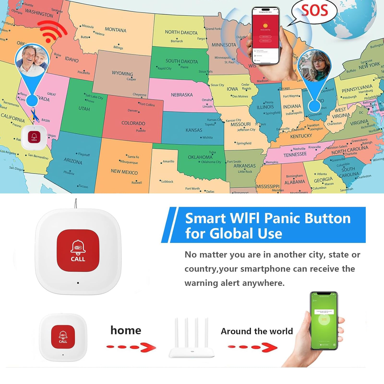 Pulsante di chiamata WiFi Caregiver per anziani a casa con notifica app, monitoraggio anziani, cercapersone assistente, sistemi di allarme vita per anziani senza canone mensile, compatibile con APP