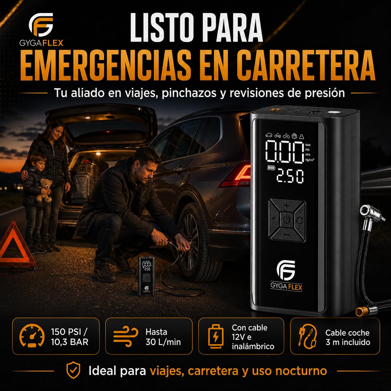 Inflador Ruedas Coche 30L/Min, Compresor Aire Portátil 150 PSI/10,3 Bar, Batería Recargable y Cable 12V 3M, Manómetro Digital, Apagado Automático, LED SOS, para Coche Moto Bicicleta Pelotas