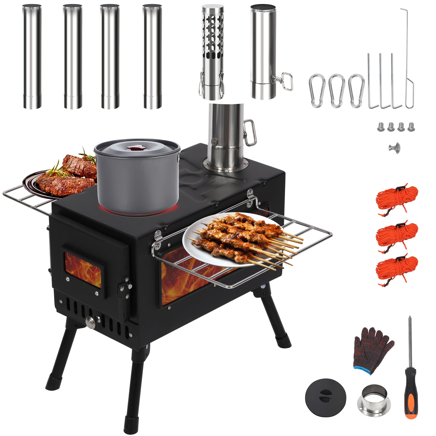 Camping Tent Stove, Foldable Tent Wood Burning Stove, Portable Hot Tent Wood Stove with Windproof Chimney for Outdoor Camping Cooking, Black