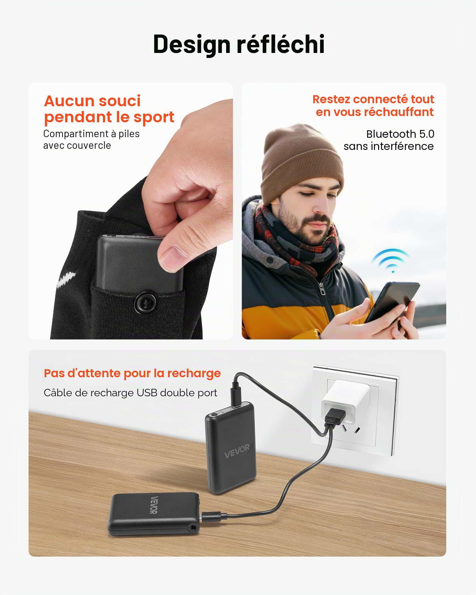 VEVOR Chaussettes chauffantes, batterie 5000 mAh rechargeable, avec 4 niveaux de chauffage, chaussettes chauffantes électriques avec contrôle par application pour homme et femme, chauffe-pieds pour la