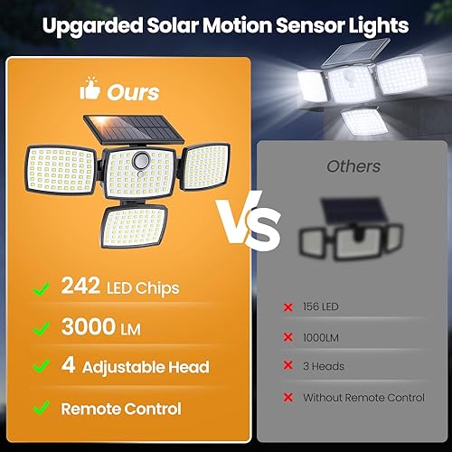 Miniatura 3 de Onforu Luces solares para exteriores, 3000 lúmenes, 4 cabezales, sensor de movimiento, luces para exteriores, control remoto, 3 modos, luces solares