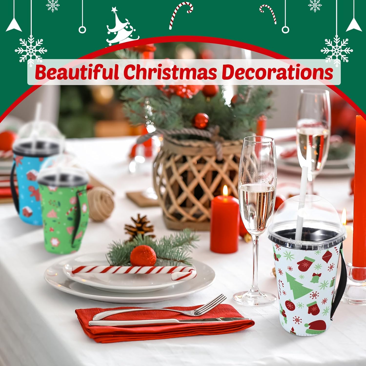 Boao 12 Pieces Reusable Iced Coffee Cup Sleeve Insulator Neoprene Beverages Cup Holder for Tumbler Hot Cold Drinks with Handle Summer Beach Tropical Hawaii Party(32 Ounce,Christmas Style)