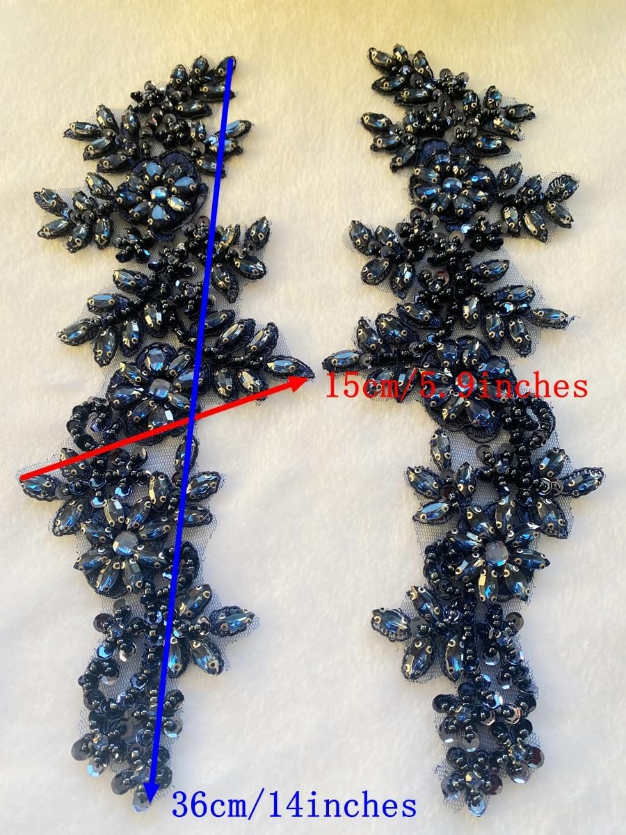 2 Pcs Hand-Made Beaded Rhinestons DIY Clothing Lace Flowers Pair Appliques Patch Beaded Applique for Wedding Dress Decoration (Clear AB)