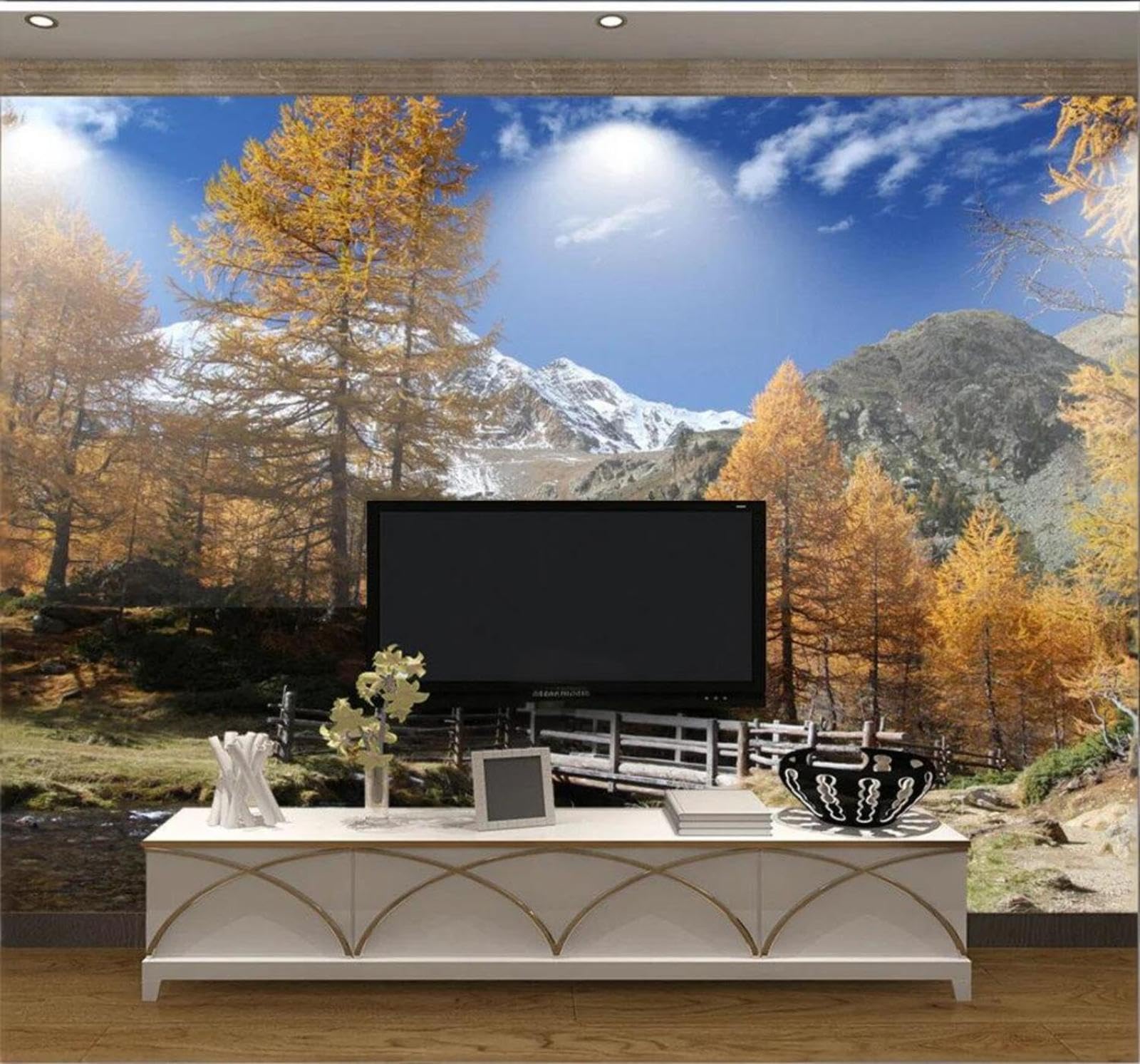 Beautiful Autumn Forest Snow Capped Mountains Landscape 3D Wallpaper Easy Install Feature Office Living Room Sofa Bedroom TV Background Wall Decoration-430cm×300cm