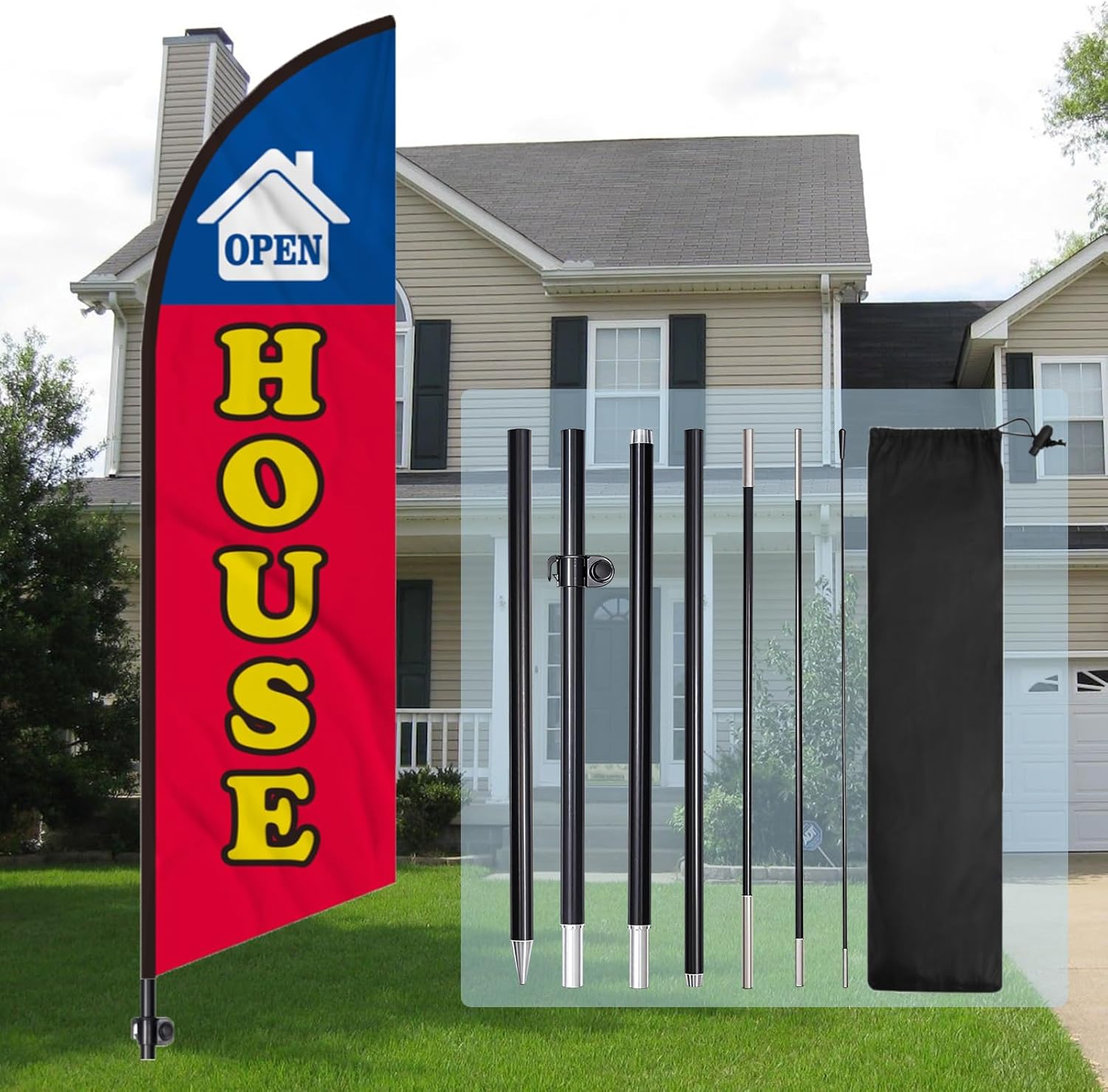 JRED 8FT Open House Flag, Open House Signs for Real Estate, Feather Flags Banner Set with Flagpole Ground Stake Portable Bag for Outside Business Indicators Advertising