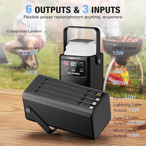 Miniatura 2 de Estación de energía portátil 99Wh 27000mAh Cargador portátil Banco de energía con luz de camping 22.5W carga rápida QC 3.0 PD Cables integrados