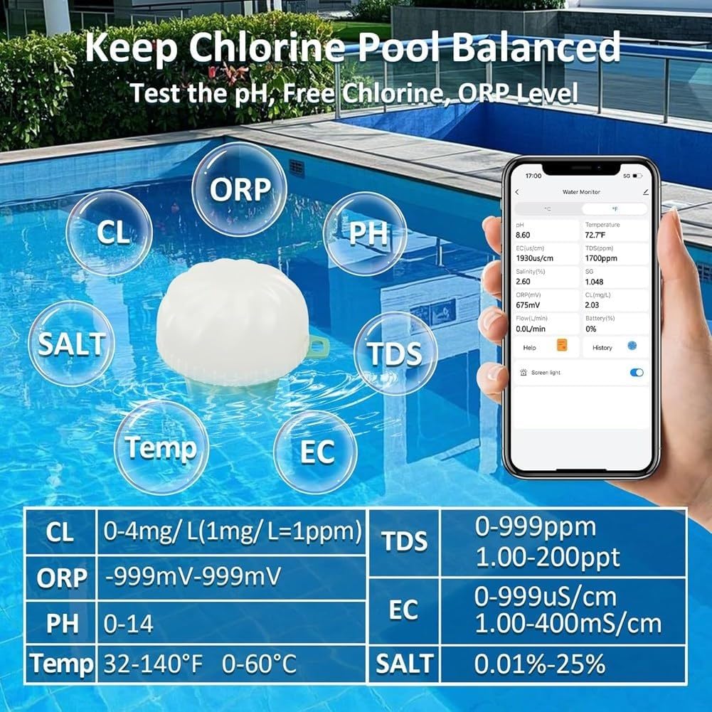 Tester soli basenowej, termometr basenowy, połączenie WIFI, cyfrowy tester jakości wody, do soli basenowej, 7 w 1 zasolenie, pH, temperatura, EC i miernik TDS, basen akwariowy
