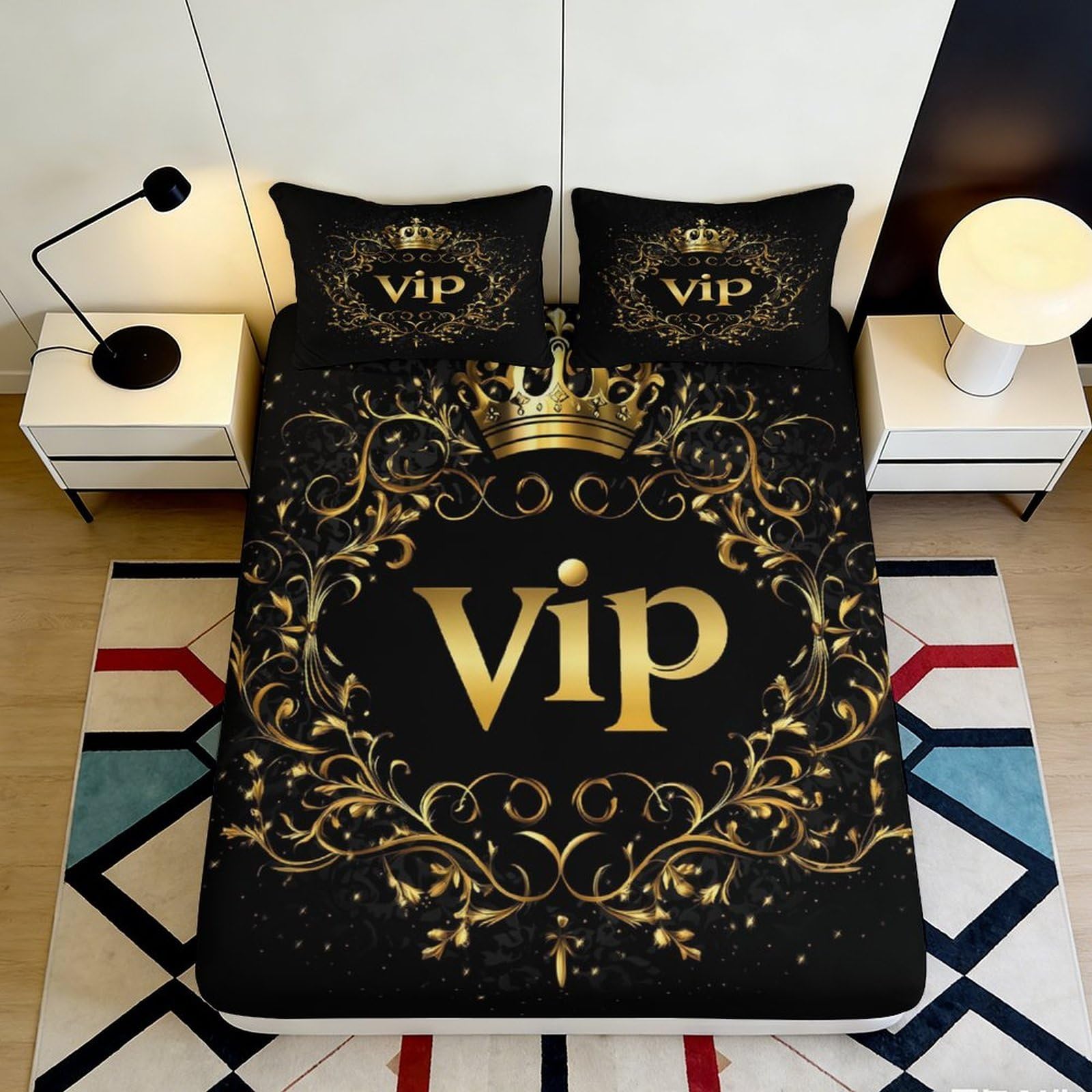 3D Printed Gold Crown VIP Fitted Sheet Microfiber Deep Pocket Bedroom Bedding VIP Mattress Fitted Cover Non-Slip 180x200x25cm