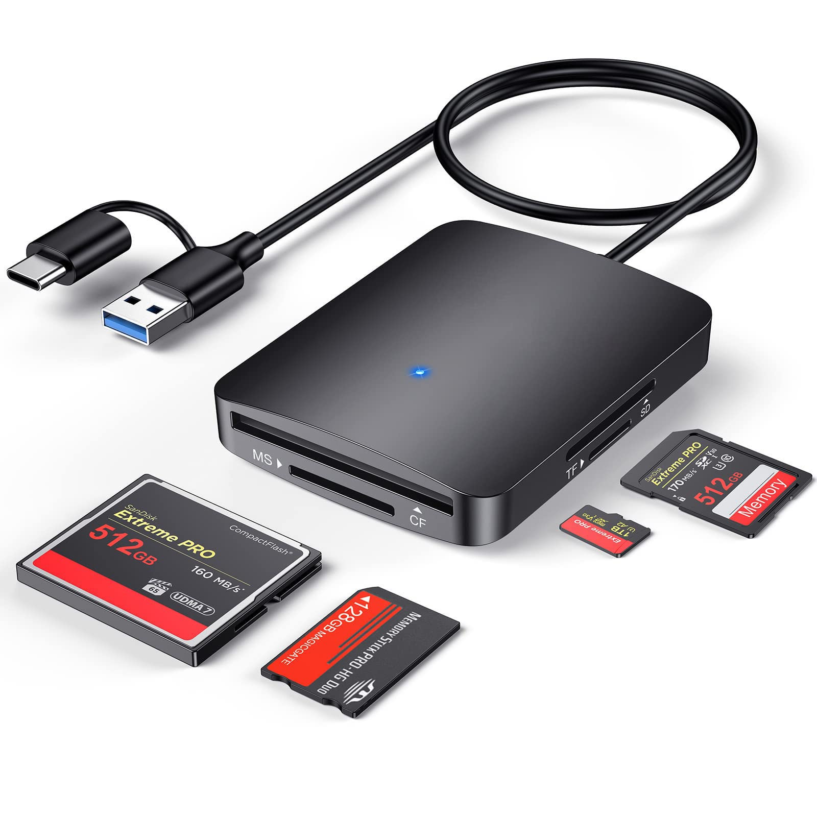 SYOSI SD Card Reader, 4 in 1 Dual Connector USB C & USB 3.0 Card Reader Adapter, 4 Cards Simultaneously Memory Card Adapter for SD/SDHC/SDXC/Micro SD, etc, Compatible with Windows OS