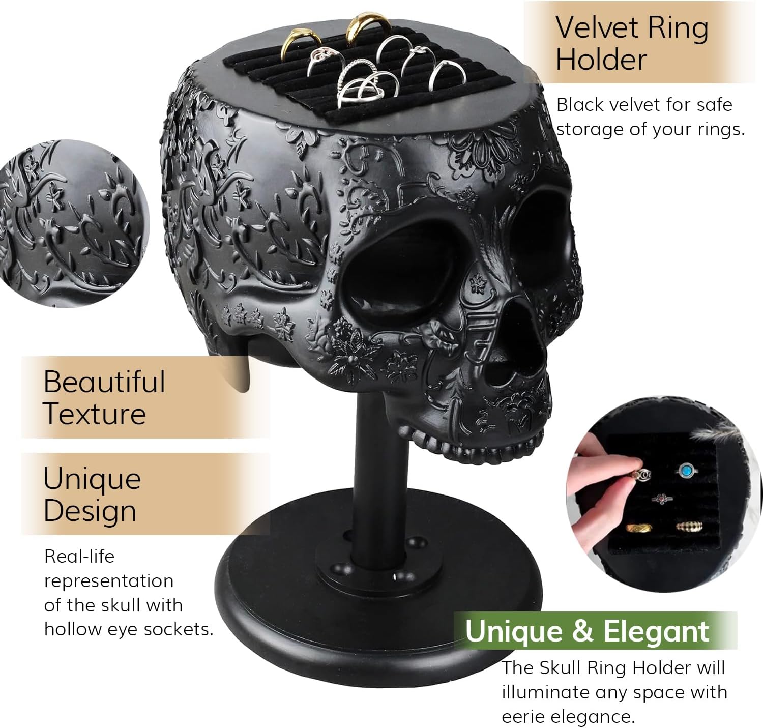 Skull﻿ Ring Holder 8" H Skull Decor, Goth Decor, Ring Organizer, ﻿Ring Storage Display, Jewelry Holder Trinket Tray for Rings! Spooky, Goth, Gothic Decor, Gothic Gifts, Halloween, Skeleton Rings Decor